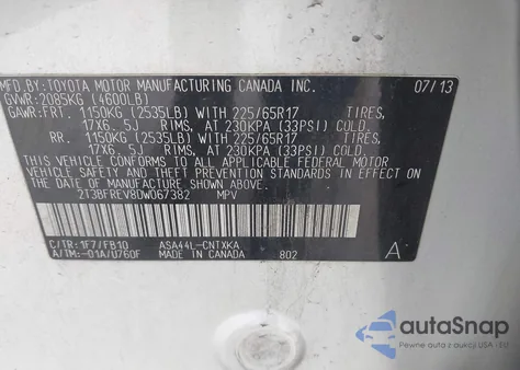 2013 Toyota Rav4 Le from USA, damaged, VIN 2T3BFREV8DW067382